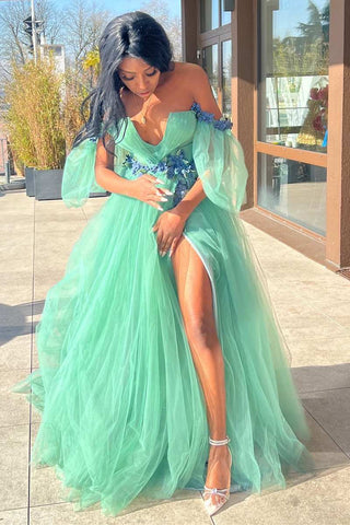Robe de bal longue trapèze en tulle et dentelle florale 3D à épaules dénudées