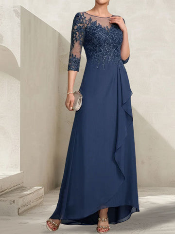 A-line Scoop Illusion Asymmetrical Lace Chiffon Mother of the Bride Dress With Sequins Cascading Ruffles
