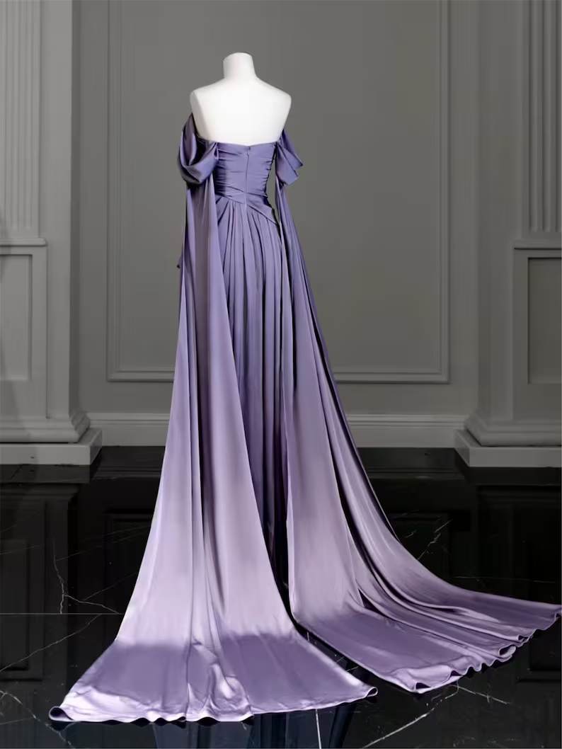 Vestido largo de fiesta modesto de satén morado, vestido de noche morado Y2589