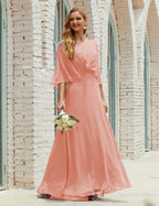 Vestido de dama de honor Sunderly para mujer, manga larga, cuello en V, de gasa, vestido formal de fiesta de boda SY28018