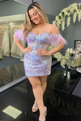  Bodycon Lace Feathers Off-the-Shoulder Short with Sequin Appliques Homecoming Dresses