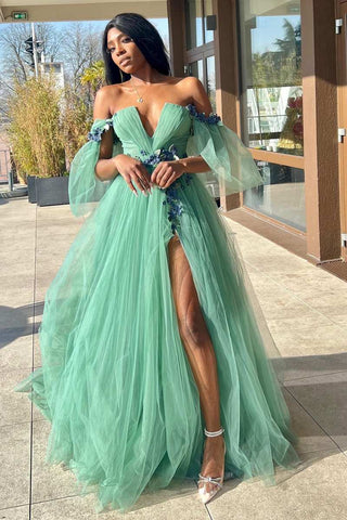 Robe de bal longue trapèze en tulle et dentelle florale 3D à épaules dénudées