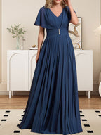 Vestido de gasa de corte A, escote en V, largo hasta el suelo, para la madre de la novia, con broche de cristal y pliegues. 