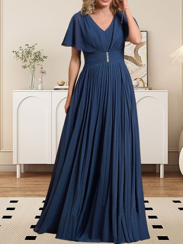 Vestido de gasa de corte A, escote en V, largo hasta el suelo, para la madre de la novia, con broche de cristal y pliegues. 