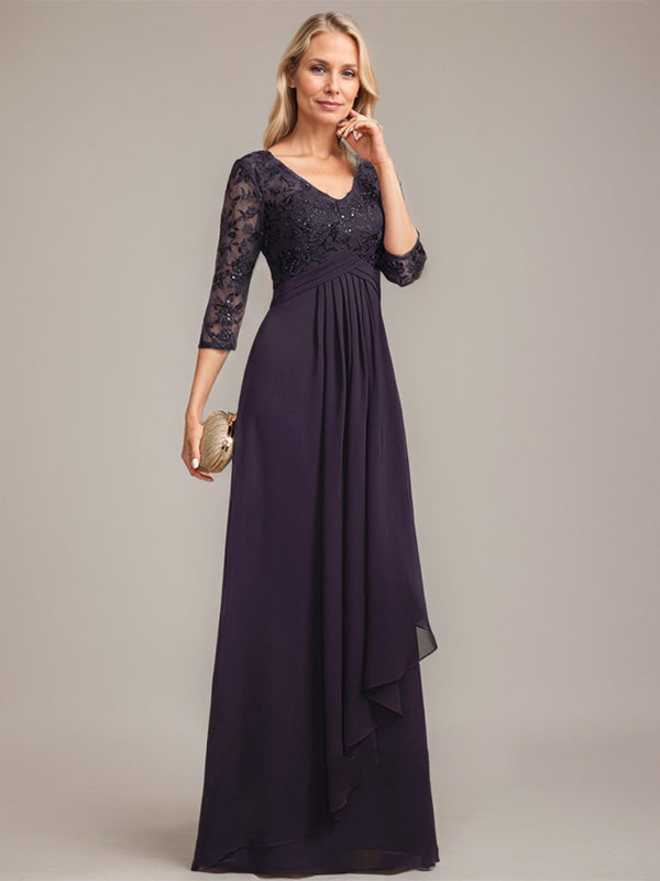 Vestido de novia de corte línea A, escote en V, largo hasta el suelo, de gasa de encaje con volantes en cascada y lentejuelas. 