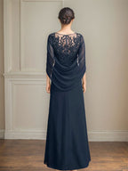 Robes de mère de la mariée longues, coupe trapèze/décolleté princesse, avec plis et sequins 
