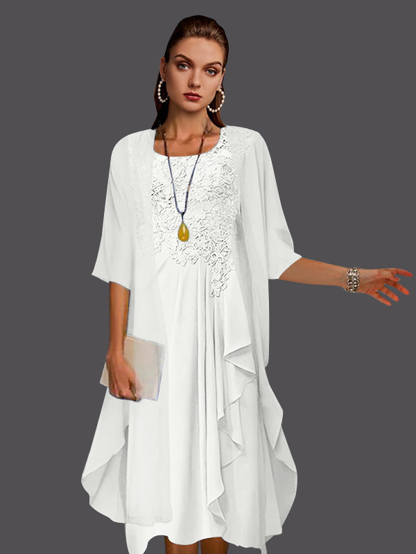 Vestidos de dos piezas de corte A, de gasa, encaje, sin mangas, con chaqueta, pliegues y apliques. 