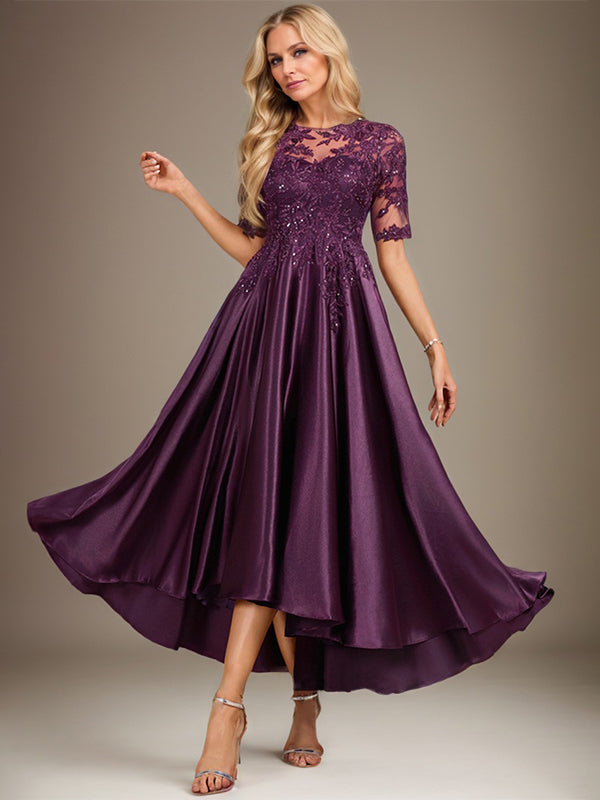 Robe de mère de la mariée asymétrique en satin stretch dentelle et dentelle, coupe trapèze, effet illusion, ornée de sequins 