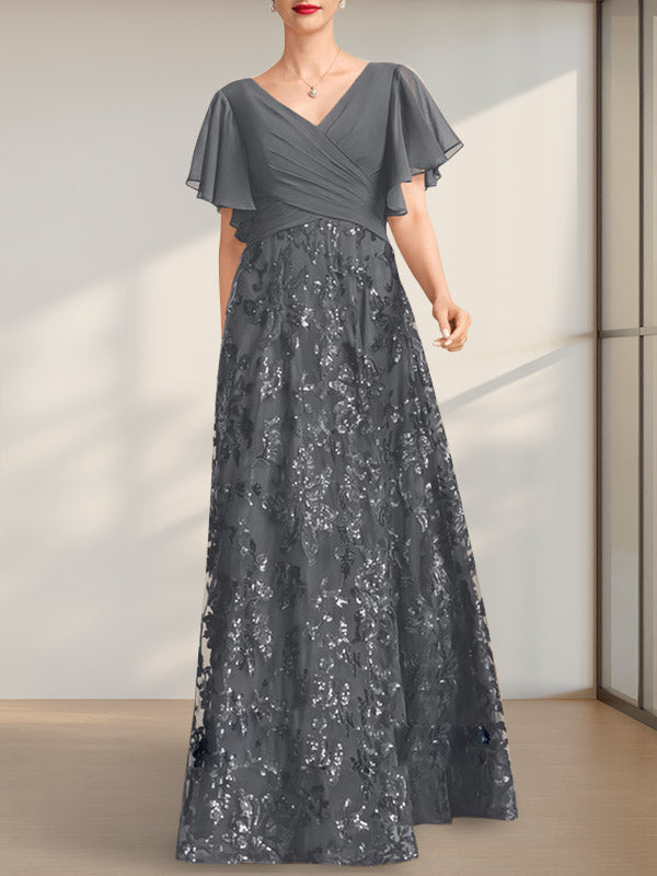 Vestido de novia de corte A, escote en V, largo hasta el suelo, de encaje, lentejuelas y gasa, con pliegues.