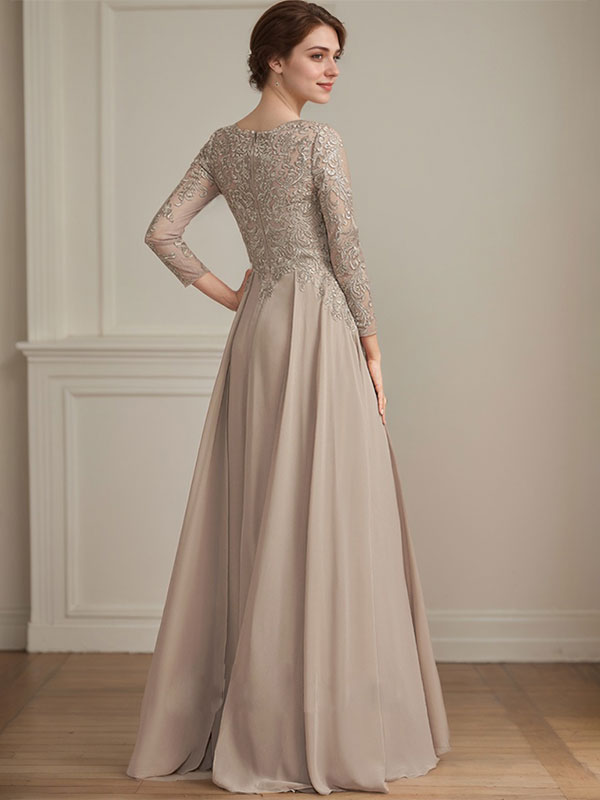 Robe de mère de la mariée en mousseline de dentelle, coupe trapèze, col en V, longueur au sol, ornée de sequins 