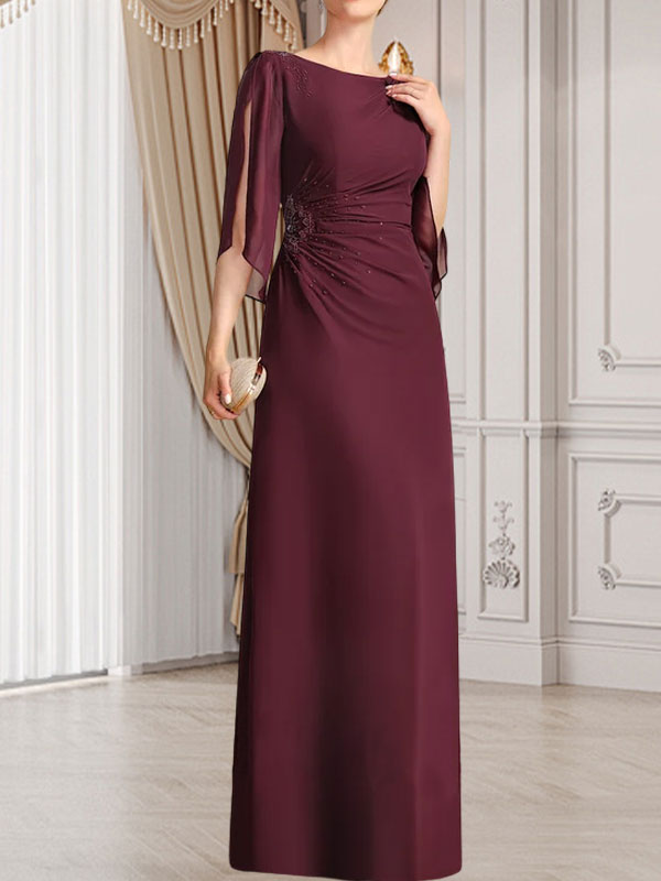 Vestido de corte recto/columna, largo hasta el suelo, de gasa, para la madre de la novia, con plisados ​​y cuentas.