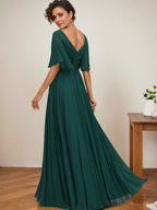 Vestido de corte A, escote en V, largo hasta el suelo, de gasa, para la madre de la novia, con apliques de lentejuelas y encaje plisado. 