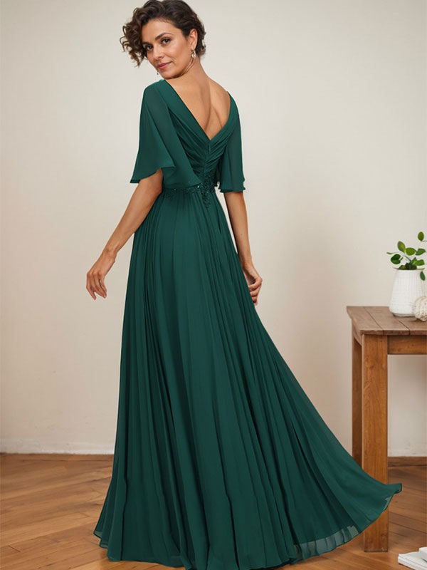 Vestido de corte A, escote en V, largo hasta el suelo, de gasa, para la madre de la novia, con apliques de lentejuelas y encaje plisado. 
