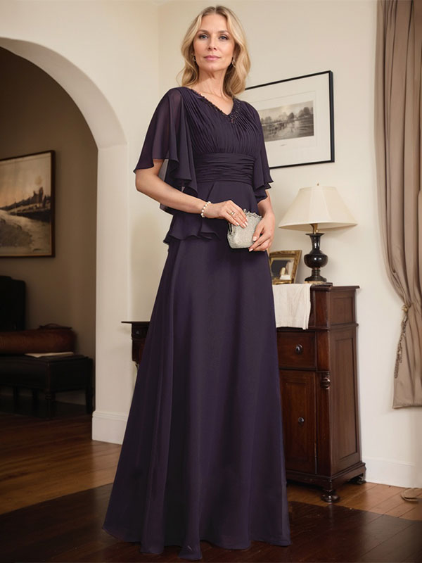 Vestido de gasa de corte A, escote en V, largo hasta el suelo, para la madre de la novia, con plisados ​​y cuentas.
