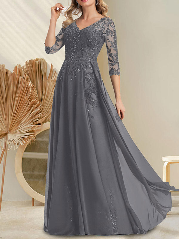 Vestido de novia de corte A, escote en V, largo hasta el suelo, de gasa de encaje con lentejuelas para la madre de la novia