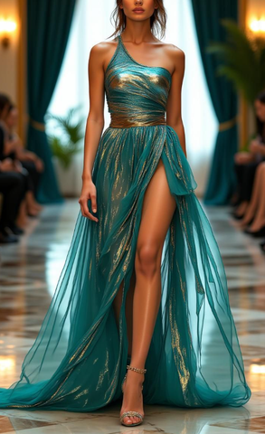 Unique One Shoulder Green Tulle Slit Long Prom Dress Evening Dress Y8320