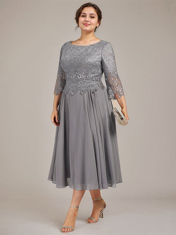 A-line Scoop Tea-Length Lace Chiffon Mother of the Bride Dress