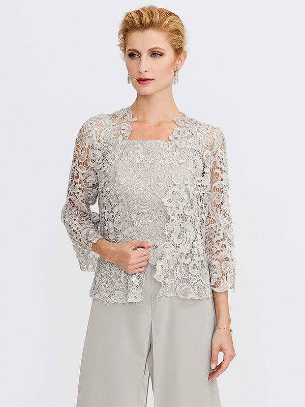 Traje pantalón de chifón de tres piezas con escote cuadrado y chaqueta para la madre de la novia 