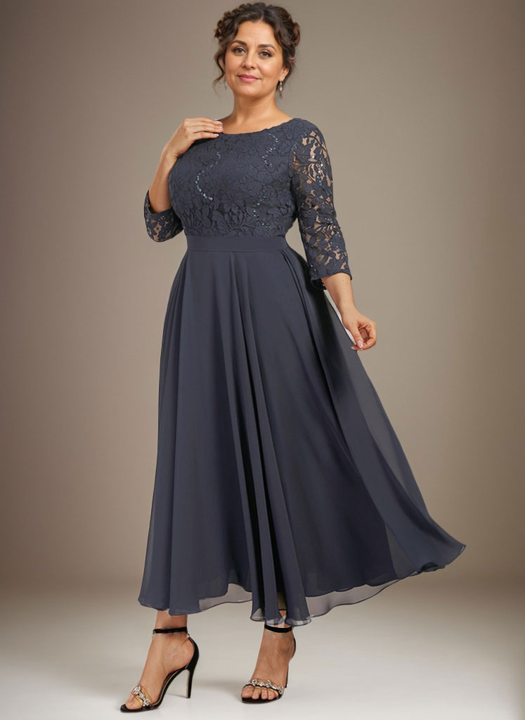 Robe de mère de la mariée en mousseline de soie, coupe trapèze, longueur thé, ornée de sequins