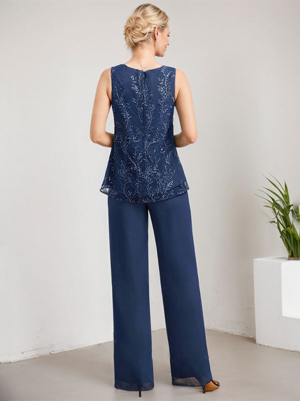 Vestido de novia de gasa con encaje y lentejuelas, estilo mono/pantalón, largo hasta el suelo, con escote redondo.