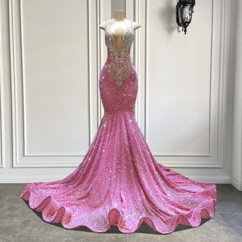 Vestidos de graduación rosa brillante, vestido de noche de sirena rosa con lentejuelas sexys para concursos de belleza Y477