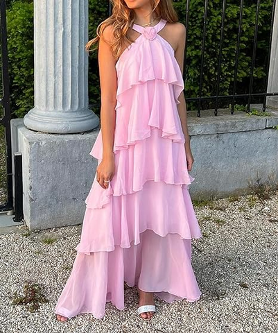 Women's Pink A-line Tiered Prom Dress Pink Backless Evening Dress Y4532
