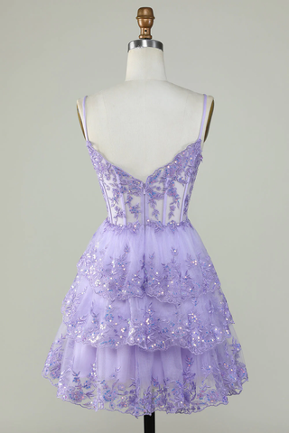 Vestido de fiesta con tirantes, lentejuelas lavanda, corsé y capas Y2907