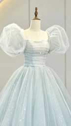 Vestido largo azul de fiesta con mangas abullonadas y corte en A, vestido de noche formal de tul Y2932