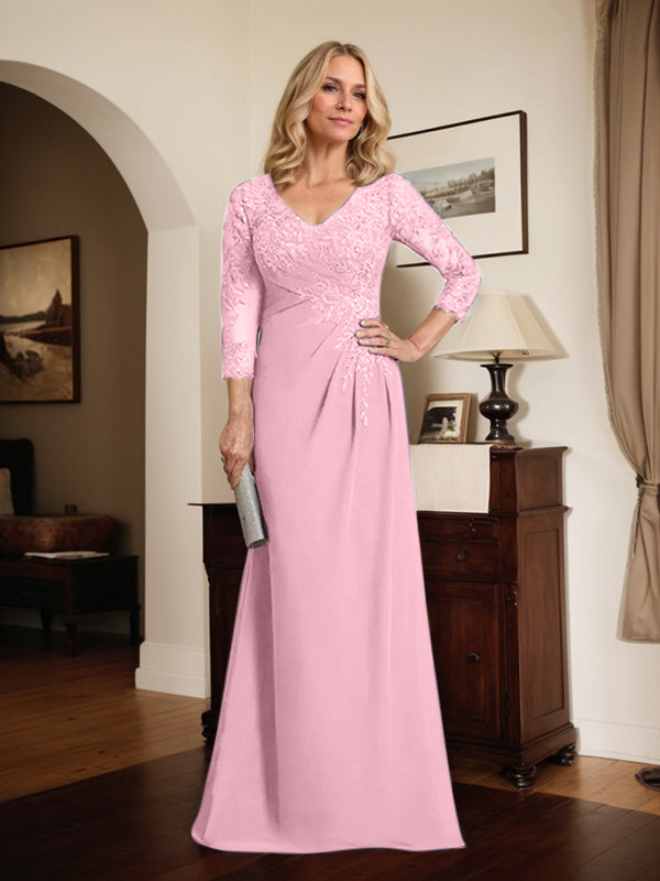 Robe de mère de la mariée fourreau/colonne en mousseline de dentelle, longue jusqu'au sol, avec décolleté en V illusion et sequins plissés 