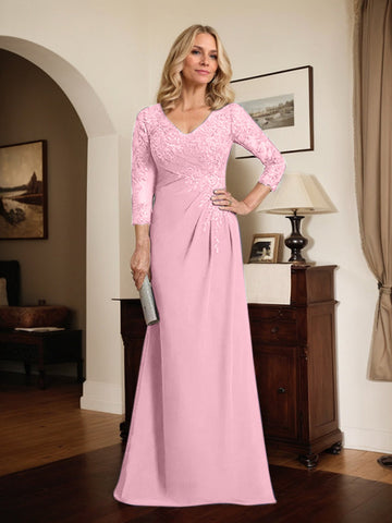 Sheath/Column V-Neck Illusion Floor-Length Lace Chiffon Mother of the Bride Dress With Pleated Sequins