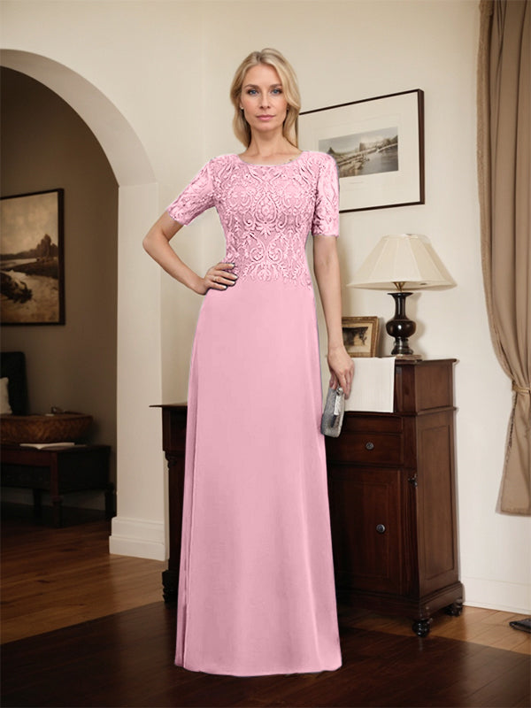 Vestido de novia de corte línea A, escote redondo, largo hasta el suelo, de encaje y gasa con lentejuelas.