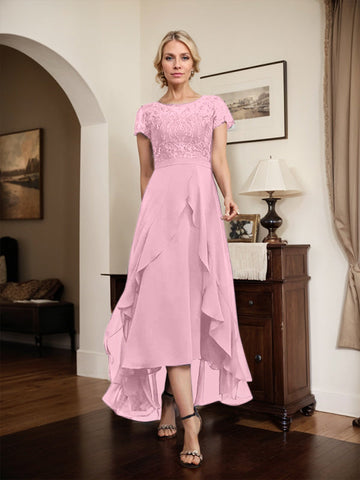 A-line Scoop Illusion Asymmetrical Chiffon Lace Mother of the Bride Dress With Bow Ruffle Sequins
