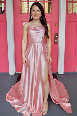 Robe de bal longue rose satinée simple avec fente haute, robe de soirée longue rose formelle pour remise de diplôme Y212