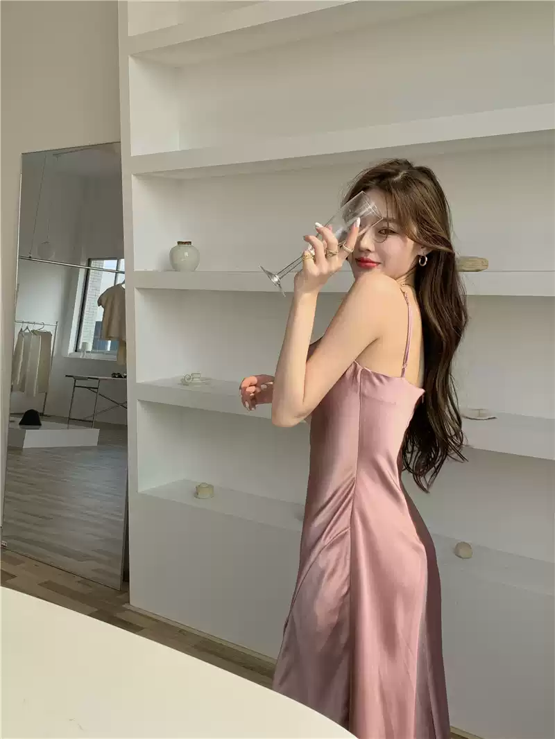 Robe midi semi-formelle élégante en soie à fines bretelles et fente latérale, robe de soirée moulante et sexy pour femme Y1197