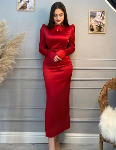 Modest Red Long Sleeves Evening Dress Simple Red Prom Dress Y6564