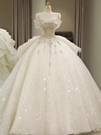 Robe de mariée épaules dénudées, robe de princesse à longue traîne, robe de mariée blanche dos nu Y6868