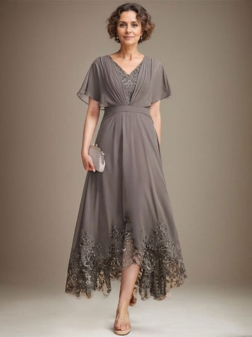 A-line V-Neck Asymmetrical Lace Chiffon Mother of the Bride Dress With Pleated