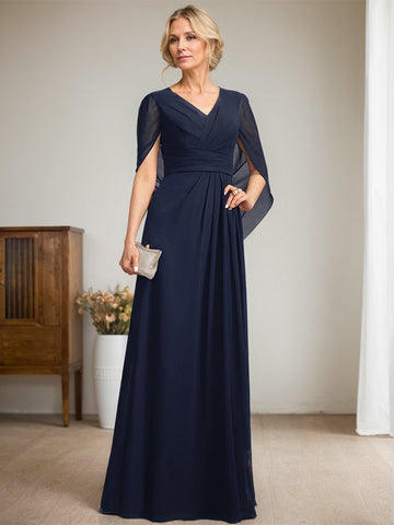 Vestido largo azul marino oscuro de corte A con escote en V para la madre de la novia