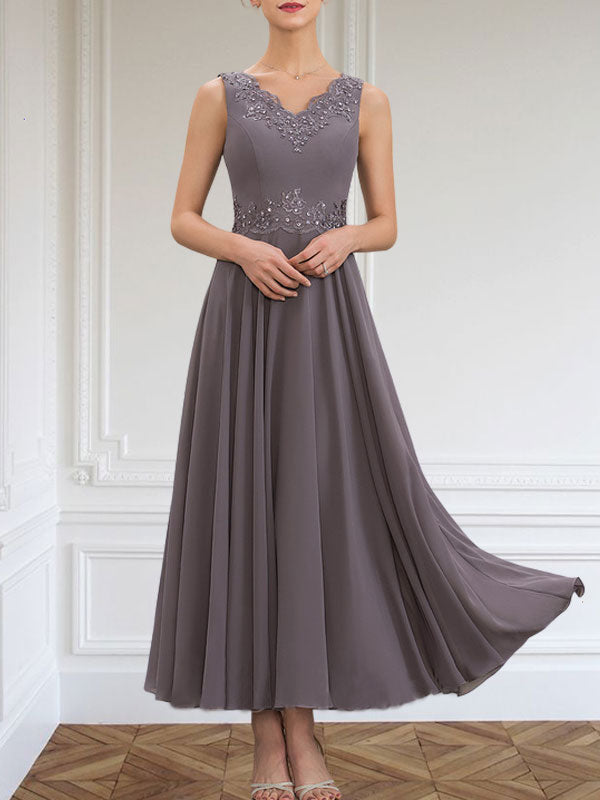 Vestido de corte A, escote en V, largo hasta el tobillo, de gasa, para la madre de la novia, con apliques de lentejuelas, encaje y pedrería.