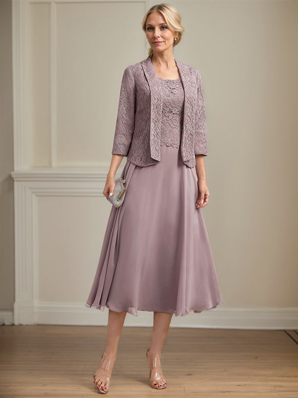 Vestido de corte A con escote redondo y largo hasta la rodilla en gasa de encaje para la madre de la novia 