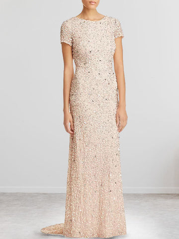 Dusty Blue Sequins Sheath Scoop Long Mother of the Bride Dress