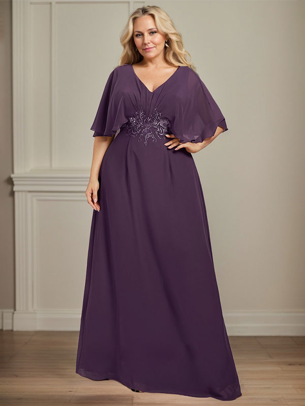 Vestido de corte A, escote en V, largo hasta el suelo, de gasa, para la madre de la novia, con apliques de lentejuelas plisadas y encaje.