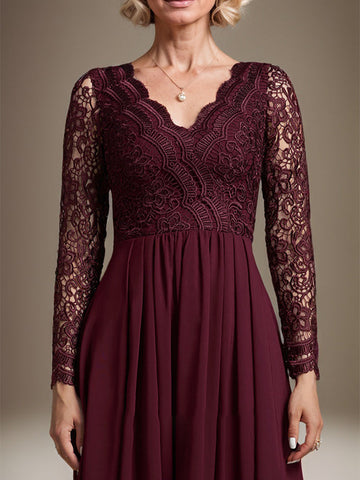A-line V-Neck Asymmetrical Lace Chiffon Mother of the Bride Dress