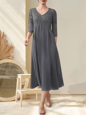 A-line V-Neck Tea-Length Chiffon Lace Mother of the Bride Dress With Beading