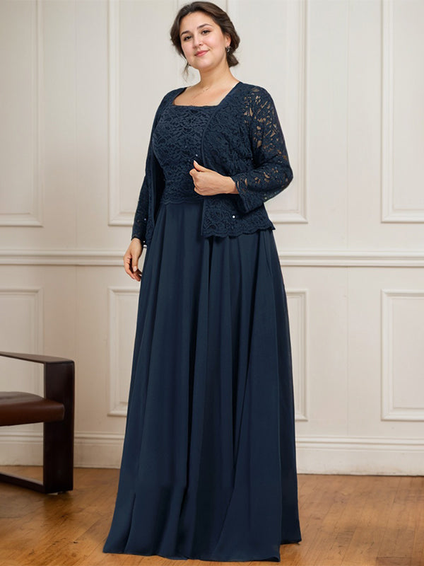 Vestido de corte A, cuadrado, largo hasta el suelo, de encaje y gasa con lentejuelas para la madre de la novia 