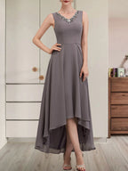 Vestido de corte A, escote en V, asimétrico, de gasa, para la madre de la novia, con lentejuelas y pedrería.