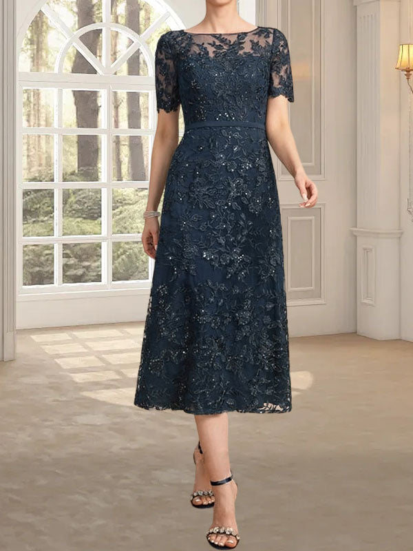 Robe de mère de la mariée en dentelle à sequins, coupe trapèze, décolleté illusion, longueur thé