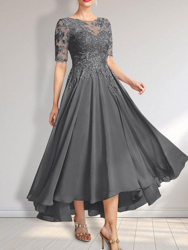 Robe de mère de la mariée asymétrique en mousseline de soie et dentelle, coupe trapèze, décolleté illusion, ornée de sequins 