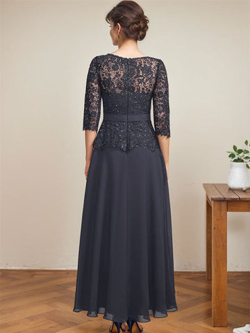 A-line Scoop Illusion Ankle-Length Chiffon Lace Mother of the Bride Dress With Rhinestone Beading