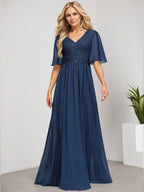 Vestido de novia de corte A, escote en V, largo hasta el suelo, de gasa de encaje con lentejuelas para la madre de la novia 